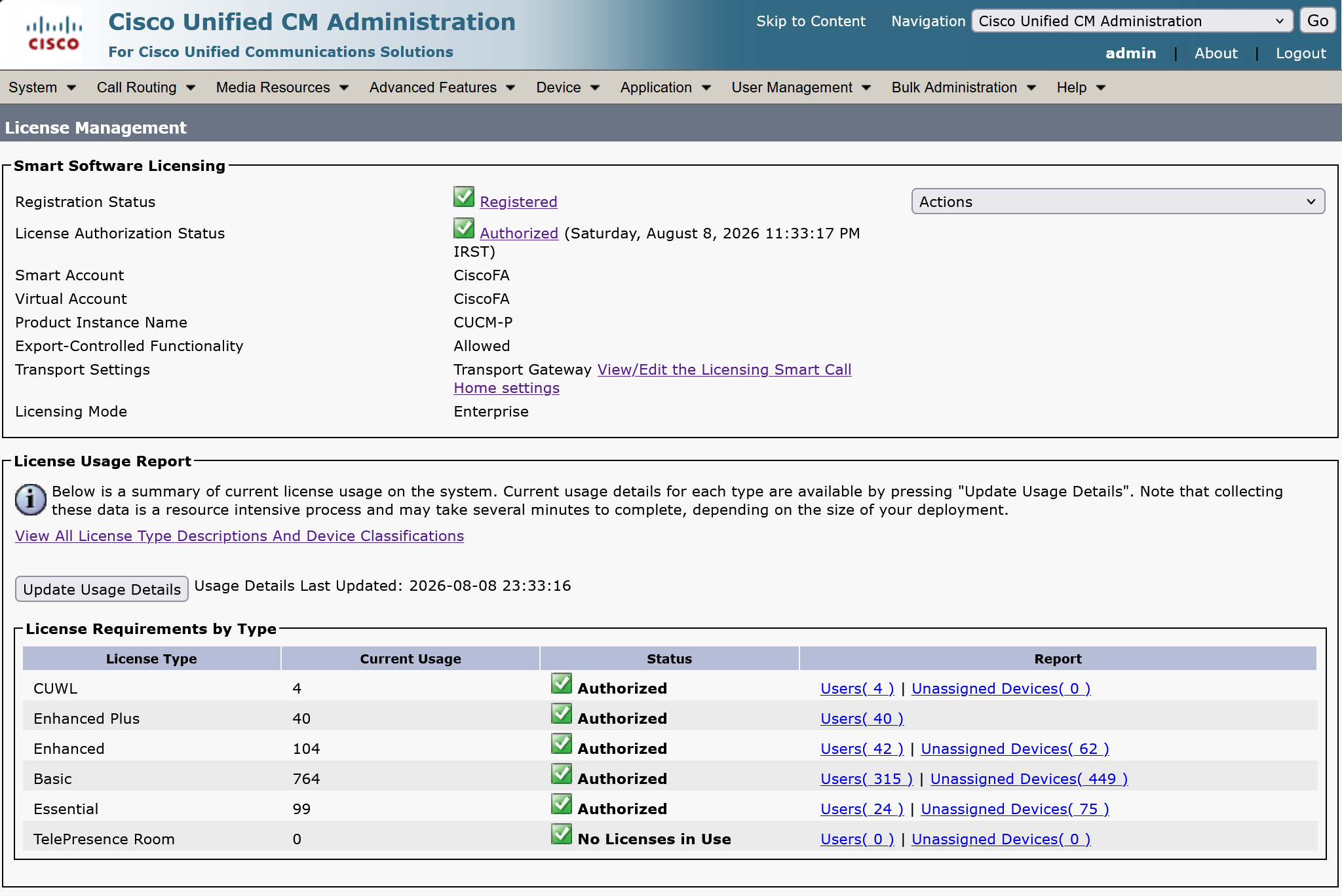 صفحه License Management در Cisco Unified CM Administration — وضعیت لایسنس و گزارش مصرف